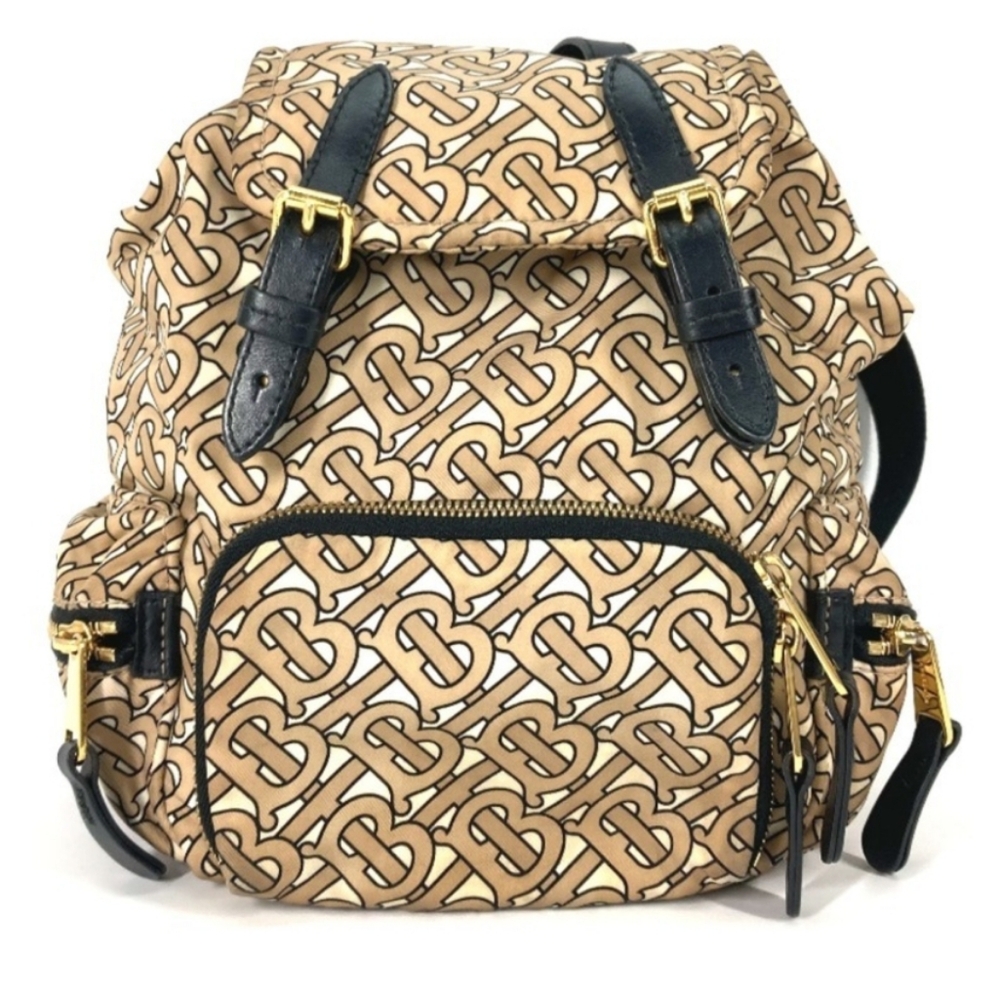 Burberry Monogram Tan and Black Nylon Backpack with Gold And Leather Accents